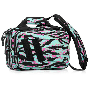Mini pistol range bag with Miami tiger stripe camo, black straps, top handle, side zipper