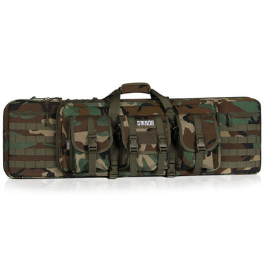 Green camo double rifle case with padded handle and front hook-and-loop pouch