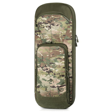 Multicam single rifle case, front view with zippered front pocket and padded body.