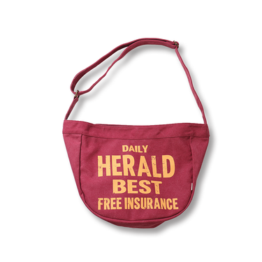 Burgundy canvas newspaper bag with DAILY HERALD BEST FREE INSURANCE front text.