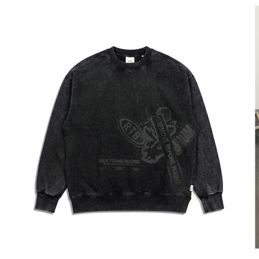 Black crewneck sweatshirt with tonal embossed logo graphic on the front.
