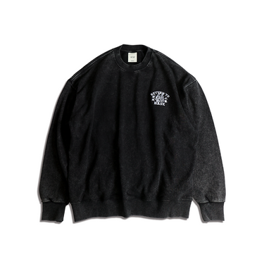 Black relaxed sweatshirt with small embroidered-style logo on the chest