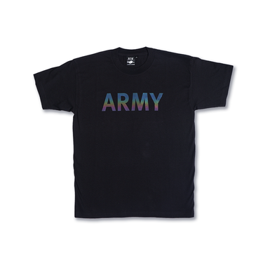Black crewneck T-shirt with iridescent ARMY text on chest