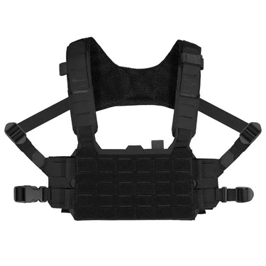 Black tactical plate carrier rig with mesh shoulder panel, front panel, and side straps