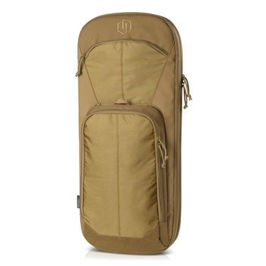 Tan single rifle case with padded top and front mesh panel