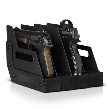 Black pistol rack with multiple padded slots and two pistols, side view