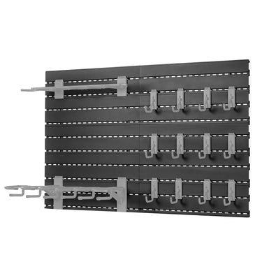 Obsidian black wall rack panel system with rail and mounted hooks