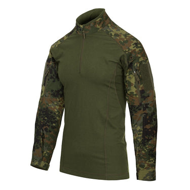 Green woodland camo combat shirt with long sleeves and half-zip mock neck