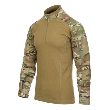 Tan and woodland camo combat shirt with long sleeves, half-zip mock neck