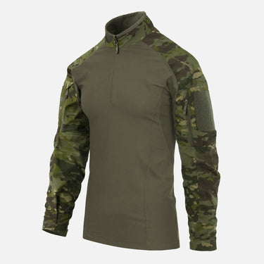 Green woodland camo combat shirt with long sleeves and half-zip mock neck