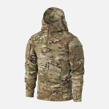 Multicam softshell combat shirt with full hood and front zipper, camouflage pattern