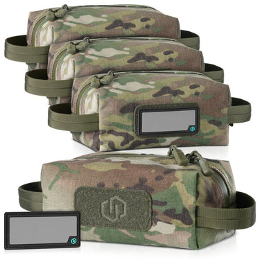 Green camo ammo carrier pouch set with four pouches, MOLLE straps, and label panels