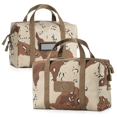 Mini duffle bag set in desert camo, with top handles and hook-and-loop patch panel