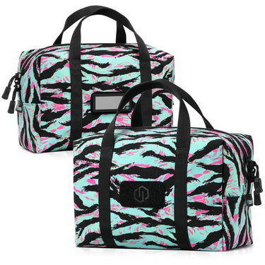 Two tiger stripe mini hauler bags with top handles, shoulder straps, and zip closures