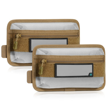 Tan hook-back pouch set with zip top and clear window panel, two-pack