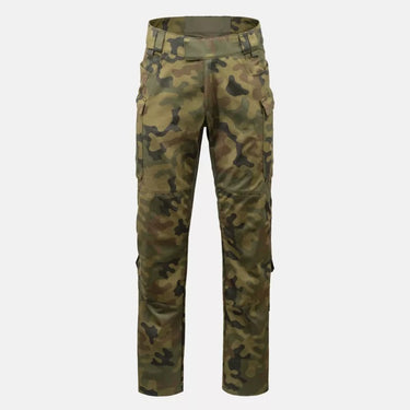 Camouflage field pants, full view: tapered straight leg with knee pockets and cuffed hems.