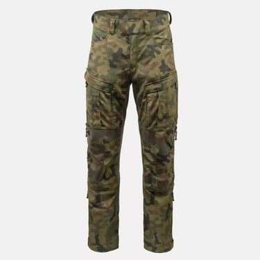 Green camouflage field pants with zip fly, belt loops, and multiple cargo pockets