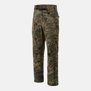 Camouflage stormstretch pants with elastic waistband and cargo pockets.