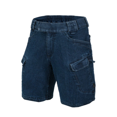 Denim cargo shorts in dark blue with elastic waistband and side flap utility pockets