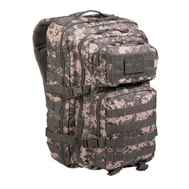Assault 36L backpack in digital camouflage with multiple zip pockets and MOLLE webbing