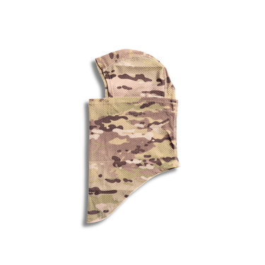 Multicam tactical face mask, folded mesh fabric with wraparound shape