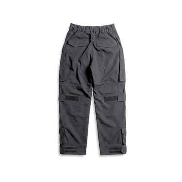 Dark cargo tactical pants with elastic waist and large side cargo pockets