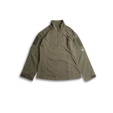 Green tactical fire-resistant quarter-zip shirt with stand collar and long sleeves