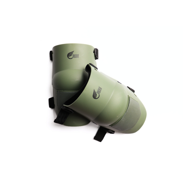 Olive green knee pad set with black adjustable straps and molded shell (pair)