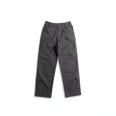 Black tactical cargo pants with drawstring waistband and front utility pockets