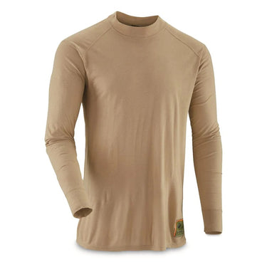 Sand thermal undershirt with crew neck and long sleeves, side view with patch