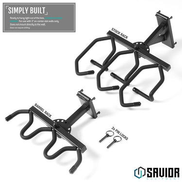 Obsidian black wall-mounted rifle rack system with adjustable stock and barrel cradles