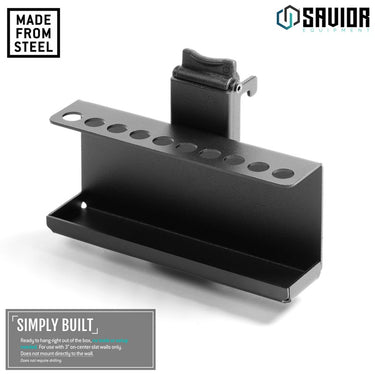Punch and chisel wall rack in obsidian black with multiple tool holes and base tray