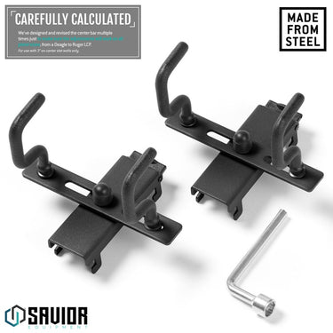 Adjustable pistol hanger wall rack system, two dark metal hangers with padded hooks