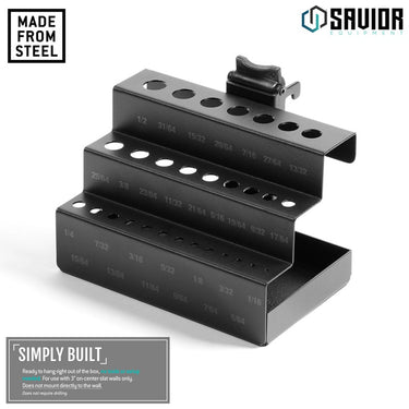 Wall-mounted drill bit rack, obsidian black steel with multiple size slots