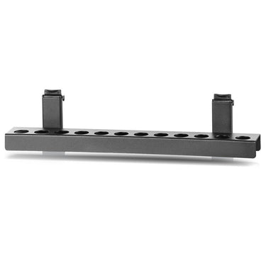 Obsidian black steel plier rack bar with multiple circular openings and two upright brackets