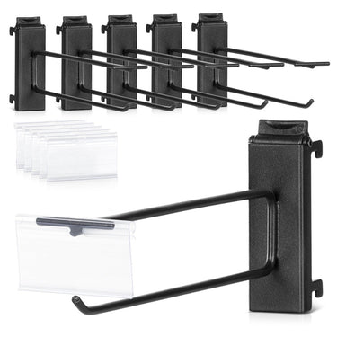 Black steel wall rack peg hooks with clear organizer bins included