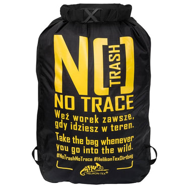 Black 10L dirt bag with top roll closure and yellow No Trace graphic