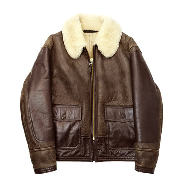 Brown shearling-lined leather jacket with tan collar, front zipper and flap pockets