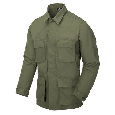 Olive green BDU ripstop shirt with button front and chest pockets, long sleeves