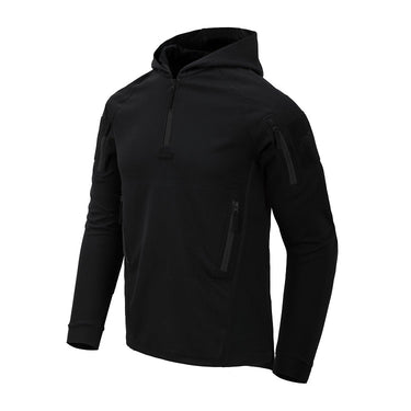 Black zip-up hoodie with hood and sleeve zip pocket