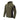 Olive green zip-up hoodie with hood, black sleeve detail, and zip pocket