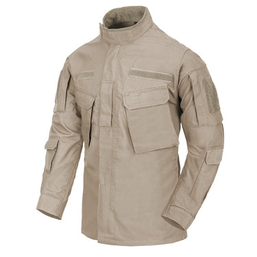 Khaki cotton ripstop shirt with high collar, front placket, chest pockets, long sleeves