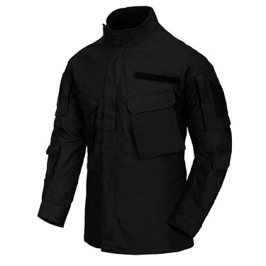 Black tactical ripstop shirt with stand collar and chest pocket, long sleeves.