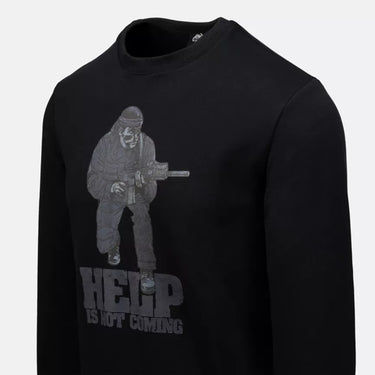 Black long sleeve crewneck shirt with large front graphic detail