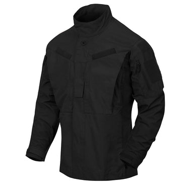 Black combat shirt with hood, front button placket, chest pocket, and sleeve pocket.