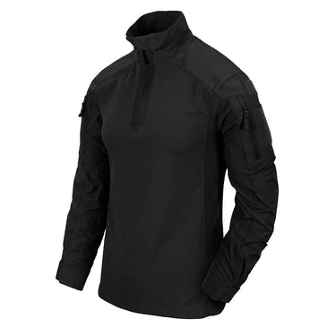 Black combat shirt with stand collar and quarter zip, long sleeves.