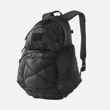 Black 20L backpack with front bungee cord and hook-and-loop patch