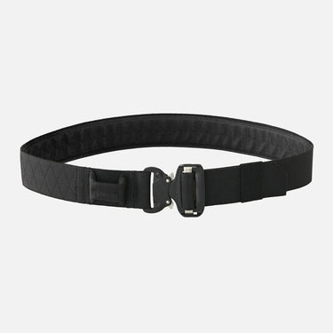 Black tactical belt with nylon webbing and metal hook buckle