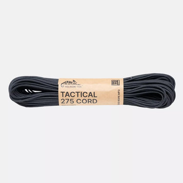 Black tactical 275 cord, neatly coiled with label and wrap band.