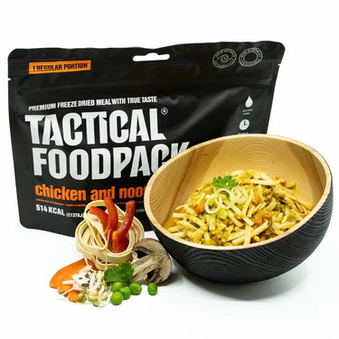 Freeze-dried meal pouch with bowl of chicken and noodles